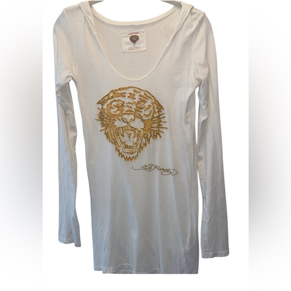 Ed Hardy by Christian Audigier off white long sleeve hooded shirt size small